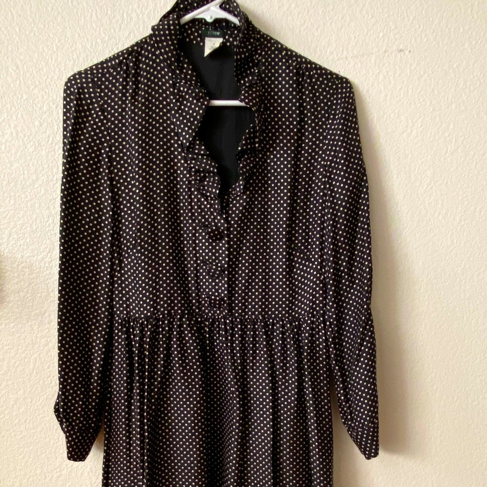 Jcrew silk ruffle front button polka dots dress